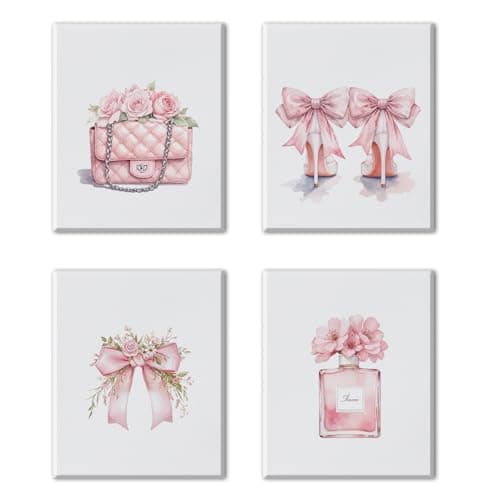 JINYO Coquette Pink Bow Perfume High Heels Package Canvas Wall Art Framed Set of 4, Preppy Girly Pink Wall Decor Posters Pictures for Girls Room Bathroom Apartment, 8x10 inch