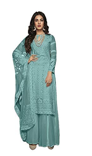 shopNstyle Ready to Wear Women's Indian/Pakistani Style Wedding Wear Designer Palazzo Straight Salwar Suit for Womens (Sky Blue, XL)