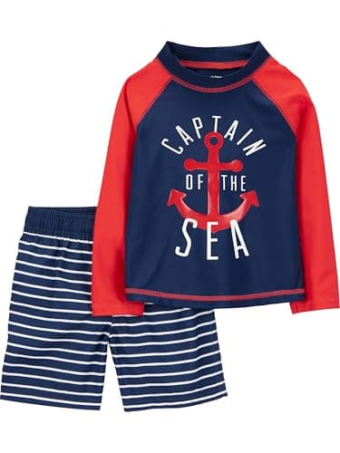 Simple Joys by Carter's Toddler Boys 2-piece Swimsuit Trunk and Rashguard, Red and Blue Anchor, 5T