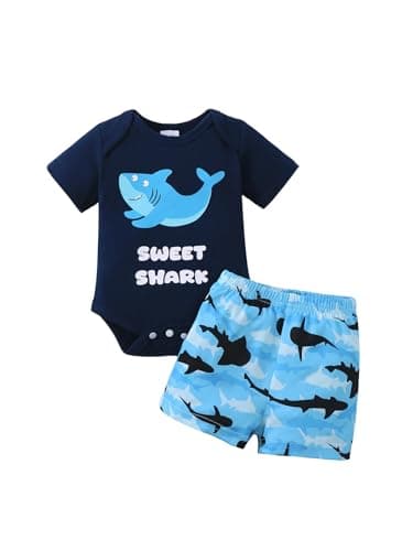 NZRVAWS Baby Boy Clothes 3-6 Months Newborn Letter Printed Short Sleeve Romper Shark Shorts Set Summer Infant Outfits Clothing Blue