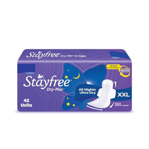 Stayfree Dry Max All Night XL Dry Cover Sanitary Pads For Women With Wings, 42 pieces