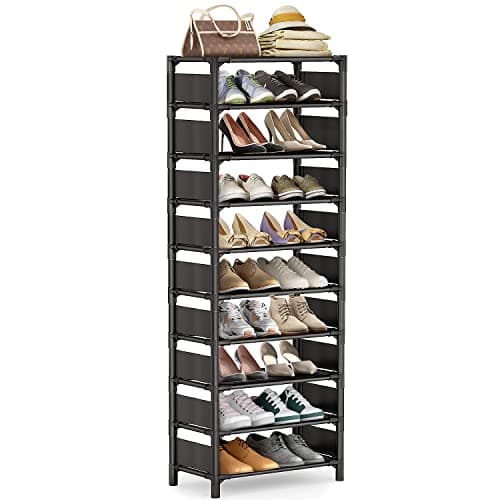 isightguard Shoe Rack - 10 Tiers Shoe Organizer with Detachable Fabric Shelves & Metal Frame, Up to 20-25 Pairs Narrow Tall Shoe Rack for Closet, Entryway, 17.7" x 11.0" x 63"