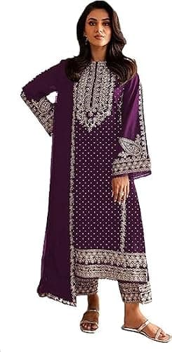 RoohVastra Eid special women's Pakistani indian Salwar Kameez Embroidered Work suit with Trousers & With Dupatta 1304 (Purple, 52)