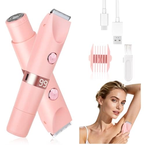 Beanify 2-in-1 Electric Shaver & Bikini Trimmer with LED Display for Women & Men，IPX7 Waterproof Wet/Dry Electric Razor with Dual Head, Rechargeable Painless Body & Facial Hair Remover (Pink)