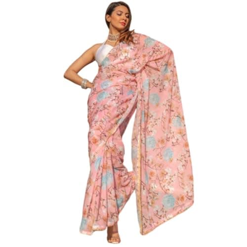 BE4ME.COM Alia Bhatt Flower Patterned Silk Saree for Parties and Festivals (Peach Grey)