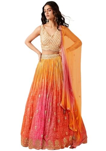 Indya Orange Digital Print Crepe Lehenga Set for Festive | Sleeveless | V-Neck | Indian Ethnic Wear