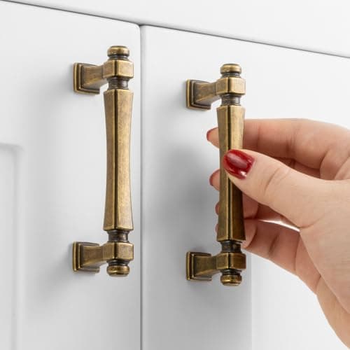 ASKANO 10 Pack 3 Inch Hole Centers, Antique Brass Cabinet Pulls Vintage Brass Cabinet Handles Brass Kitchen Hardware for Cabinets 2501 Drawers Bedroom Dresser Bathroom Vanity Cupboard Closet