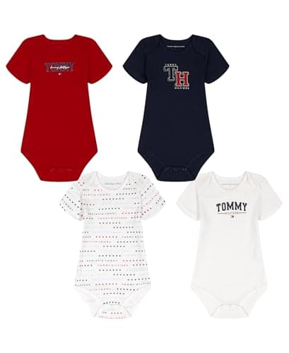 Tommy Hilfiger Baby Boy's 4-Pack Short Sleeve Bodysuit, Red/Navy/White, 12 Months