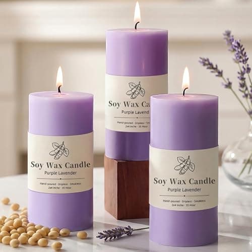 Uniteland Scented Soy Pillar Candles, 3 Pack Lavender Aromatherapy Candles