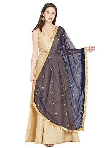 themilestocks Woman's Embroidered Chiffon Dupatta Scarf Shawl Wrap Soft Indian Bridal Wedding - Navy Blue