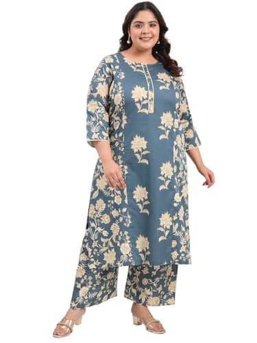 Tissu Women's Plus Size Cotton Satin Grey Floral Printed Kurta with Palazzo (T-Plus-742_Grey_5XL)