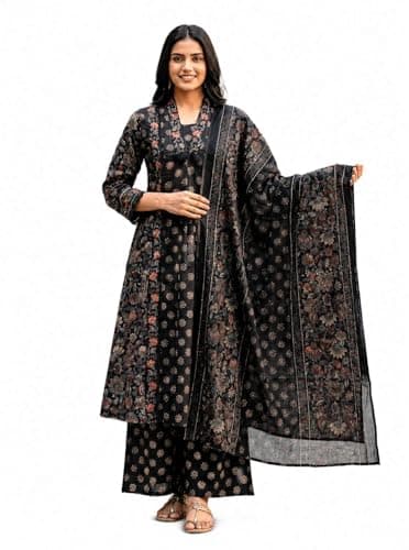 Mehniya Maison Women's Floral Print Cotton Kurta Palazzo Dupatta Set A-Line Indian Ethnic Outfit for Party and Festive Wear - XL Black