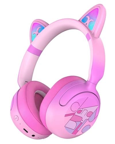Kids Bluetooth Headphones with LED Cat Ears, Active Noise Cancelling Headphones for Kids, 85dB Volume Limited, 40H Play Time, Bluetooth 6.0, Fast Charging, Built-in Mic for iPad/Tablet/Airplane, Pink