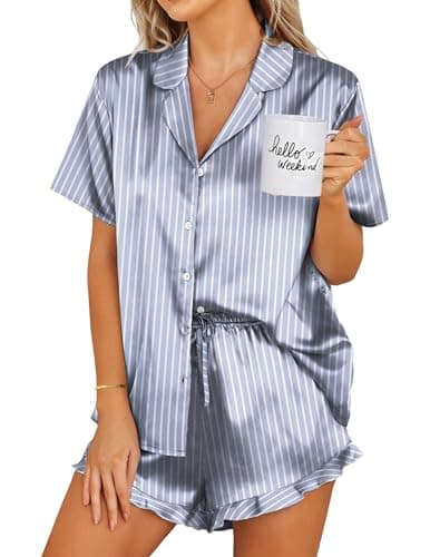 Ekouaer Silk Pajamas Womens Short Sleeve Sleepwear 2 Piece Satin Pjs Shorts Set Button Down Loungewear Striped Grey Blue L