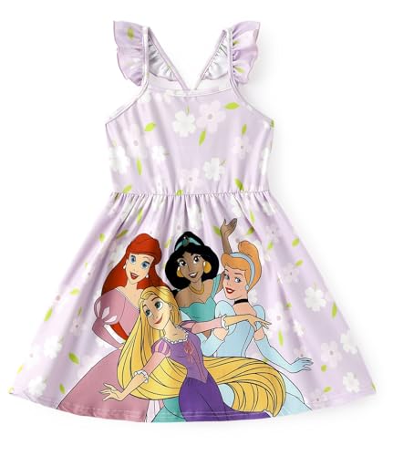 Disney Princess Toddler Girls Dress Purple Ruffle Sleeveless Criss Cross Strap Floral Print Sundress Birthday Kids Summer Casual Outfit Clothes 4-5T