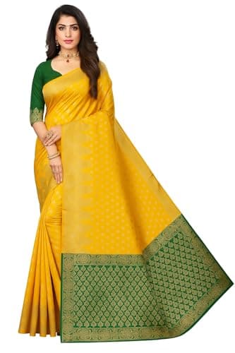 Shyam Leela Women’s Banarasi Silk Saree with Golden Zari Border Elegant Festive & Wedding Wear with Unstitched Blouse Piece (Yellow & Green)