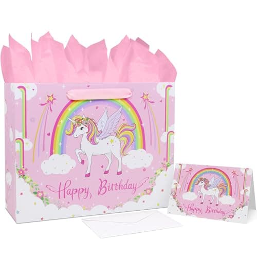 Oletx 13" Pink Unicorn Gift Wrap Paper Bag,Birthday Party Wrapping Bag With Tissue Paper Greeting Card for Women's Party,Mother's Day