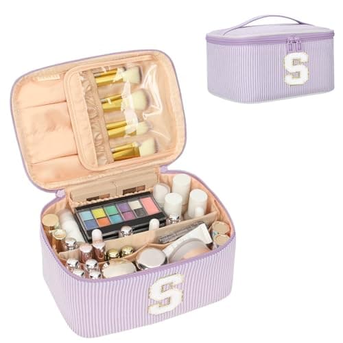 OCHEAL Makeup Bag for Women, Monogram Cosmetic Bag Purple Travel Makeup Case Beauty Toiletry Bag Organizer Personalized Gifts for Girls Bridesmaid, Sister, Wife, Friends Initial S