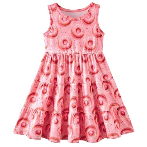 Lovekider Dress for Girls 7 Years Old Pink Donut Sprinkles Sundress for Summer Beach Cute Kids Twirling Tier A-line Midi Dresses Playwear