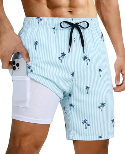 Cozople Mens Swim Trunks with Compression Liner 7 inch Palm Tree Print Bathing Suits UPF Quick Dry Swim Shorts for Men 2 in 1 Above Knee Stretchy Board Shorts