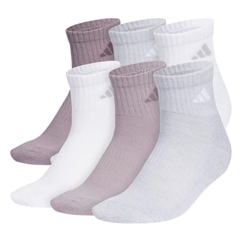 adidas Women's Athletic Cushioned Quarter Ankle Socks (6 Pairs) Durable & Comfortable, Preloved Fig Purple/Clear Onix Grey/White, M