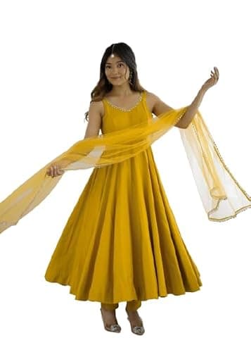 shopNstyle Indian Style Pure Roman Silk Chanderi Fabric Anarkali Gown Sleeveless Set with Dupatta