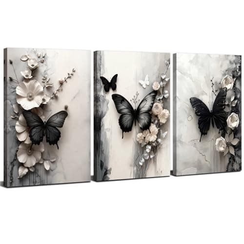 Black Butterfly Wall Art White Flowers Wall Decor Abstract Textured Floral Canvas Prints Butterfly Wildflowers Painting Poster Modern Luxury Aesthetic Canvas Artwork for Home Decorations 12x16" 3Pcs