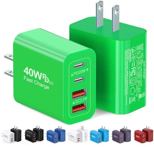 2 Pack USB C Charger, 40W Fast Charge Cube, 4-Port QC+PD Wall Plug,Multi-Port Type C Power Adapter for iPhone 17 16 15 14 13 12 Pro Max XS XR 8,Galaxy S24,Nexus,HTC,Google Pixel,and More(Green)