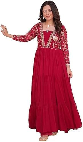 FOXDX Womens Faux Georgette Sequence Embroidered Ankle Length Anarkali Gown for Women| Festival | Trending | (US, Alpha, X-Large, Regular, Regular, Red)