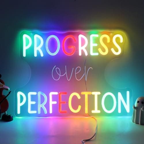 Progress Over Perfection Neon Sign for Classroom, Motivational LED Speech Therapy Decor Neon Letters Light for Office, Home Gym, Gift for Students,Teachers
