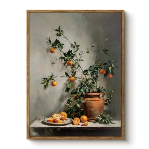 Bzstyleart Framed Vintage Wall Art for Kitchen, Framed Wall Decor Painting, Vintgae Orange Pottery Artwork Still Life Home Decor Aesthetic Gifts for Bedroom Dinning Living Room, 12 X 16 Inches