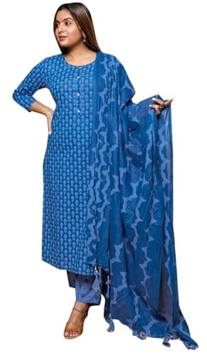 IMTRA FASHION Cotton Kurta Pant Set for Women Printed Indian Suit with Dupatta (Blue-3X-Large)