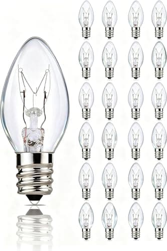 25 Pack C7 Clear Replacement Light Bulbs, 5W 120V Warm White Incandescent Bulbs with E12 Candelabra Base, Waterproof Night Light Bulbs for Outdoor Indoor Christmas String Lights, Holiday Party Decor