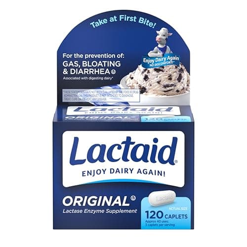 Lactaid Original Strength 9000 FCC Lactase Enzyme Unflavored Caplets Works Fast for Lactose Intolerance, Helps Prevent Gas, Bloating, and Diarrhea Associated with Dairy, 120 Ct​
