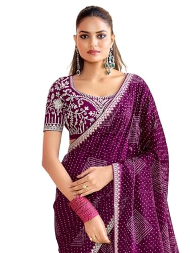MAHEK Bandhani Saree for Women's Traditional Indian saree with Lace, Partywear Wedding Wear Chiffon Bandhani saree89 (Wine)