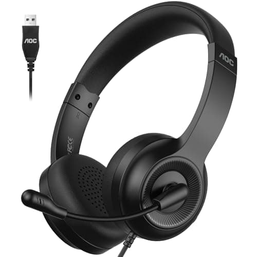 AOC USB Headset with Microphone for PC, Over-Ear Wired Headphones with Noise-Cancelling Mic, 40mm Audio Drivers, USB-A Computer Headset for Office, Teams, Call Centers & Online Meetings (Black)
