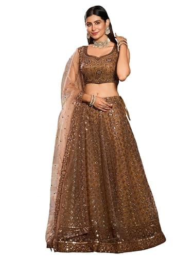 Ethnovog Brown Net Thread Embroidered Sequins Umbrella Lehenga For Gorgeous Women - XLarge