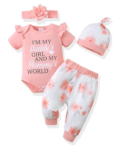 Renotemy Baby Girl Clothes Summer Spring Infant Coming Home Outfits Ruffle Sleeve Romper Bodysuit Pants Shower Gifts Pink Flower 1 Year Old Daddy’s Girl Baby Clothes 12-18 Months
