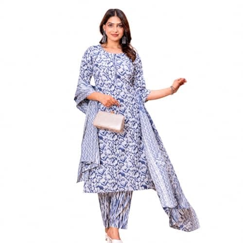 SANJHEYA- CRAFTED TO BELONG Women Cotton Kurta Pant Dupatta Set 3 Piece Floral Printed Ethnic Outfit, Blue & White Straight Kurti with Dupatta(Medium)