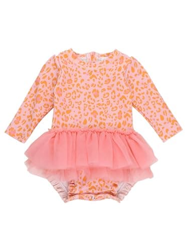 RuffleButts Baby Girls UPF 50+ Sun Protection Tulle Skirted Long Sleeve One Piece Rash Guard Swimsuit - Pink Leopard, 18-24m