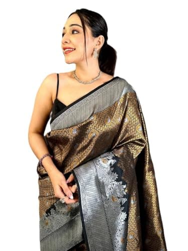 indian Women's Kanjivaram Brown Gold Zari Saree With Unstitched Blouse Piece Partywear/Wedding Indian Gift Item Pack Of 1 (Multicolor)