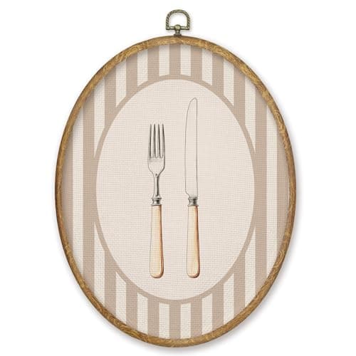 CGBHW Modern Kitchen Utensil Oval Wall Art Decor, Knife and Fork Canvas Prints Framed, Cooking Tools Neutral Wall Art Hanging Decor for Home Kitchen Dining Room Decorations, 8.6x11.4 Inch