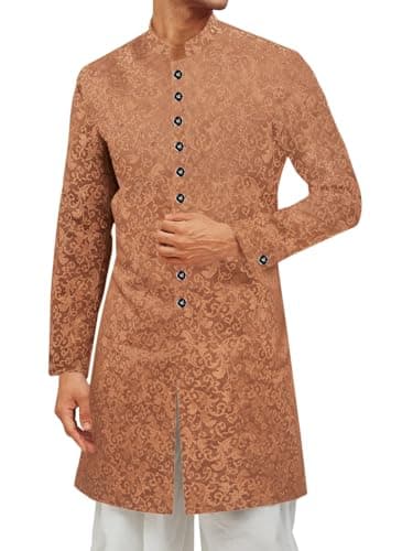 Runcati Mens Kurta Sherwani Coats Kaftan Indian Ethnic Royal Suits Mandarin Collar Wedding Festive Party Blazer Brown