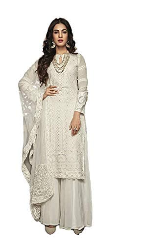 shopNstyle Ready to Wear Women's Indian/Pakistani Style Wedding Wear Designer Palazzo Straight Salwar Suit for Womens (White, L)
