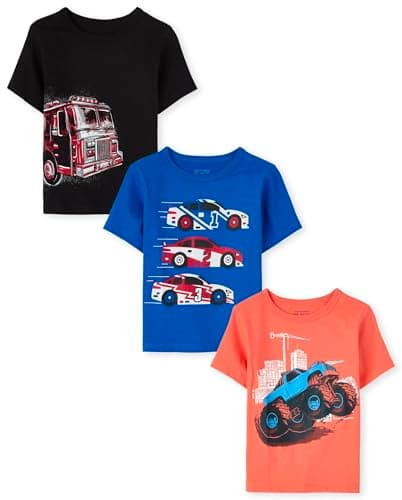 The Children's Place 2T Baby Boys' & Toddler Girls' 3-Pack Graphic T-Shirts - Firetruck, Race Car, Monster Truck