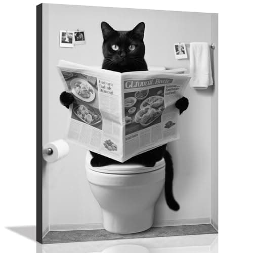 Bathroom Decor Wall Art Black Cat Reading Newspaper on Toilet Canvas Print Poster Funny Animals Picture Modern Artwork Framed and Ready to Hang for Kids Room Washroom Bathroom Decoration, 12"x16"x1Pcs