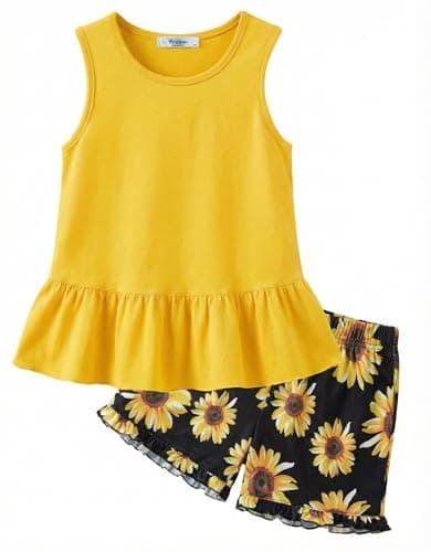 Arshiner Girls 2-Piece Summer Set Sleeveless Ruffle Hem Top and Shorts Sunflower Print Size 5-6 Years