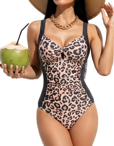 Aidonger One Piece Swimsuits for Women Tummy Control Ruched Twist Front Bathing Suits Vintage V Neck Swimwear Leopard Black