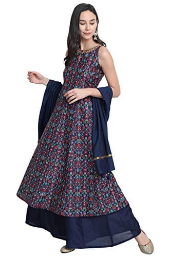 Janasya Indian Women's Blue Embellished Festive Wear Kurta Set for Women