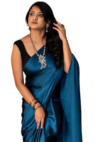 SHOPAZ Women's Ready to Wear Plain Satin Silk 1 Minute Pre Pleated Saree With Unstitched Blouse Free size Blue